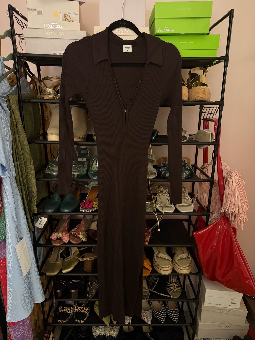 Abercrombie & Fitch Dark Brown Ribbed Long-Sleeve V‑Neck Dress